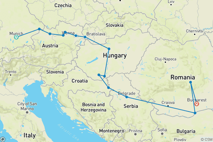 Map of Grand Danube with Munich and Transylvania  Munich → Bucharest (2025)