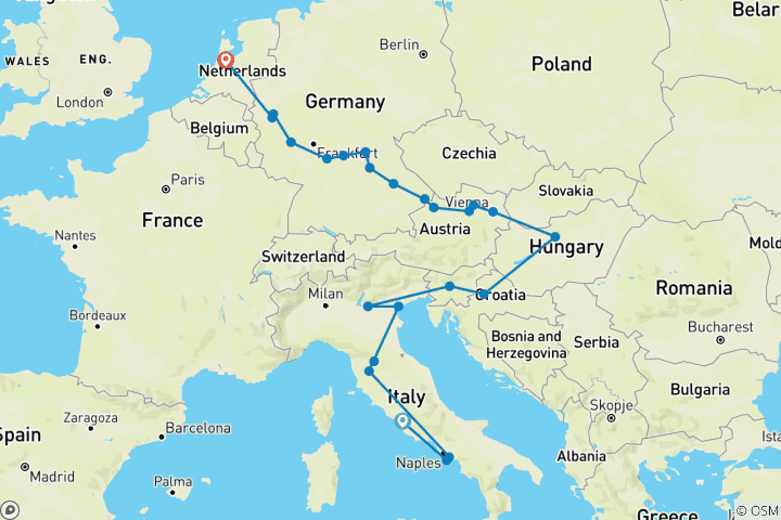 Carte du circuit Croisière fluviale - Trésors d'Italie et Joyaux européens - De Rome à Amsterdam (2025)