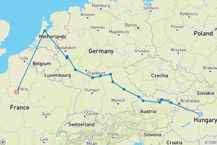 Map of European Gems Budapest to Paris (2025)