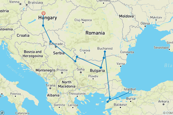 Mapa de Leyendas de los Balcanes con Estambul y Galípoli de Estambul a Budapest (2025)