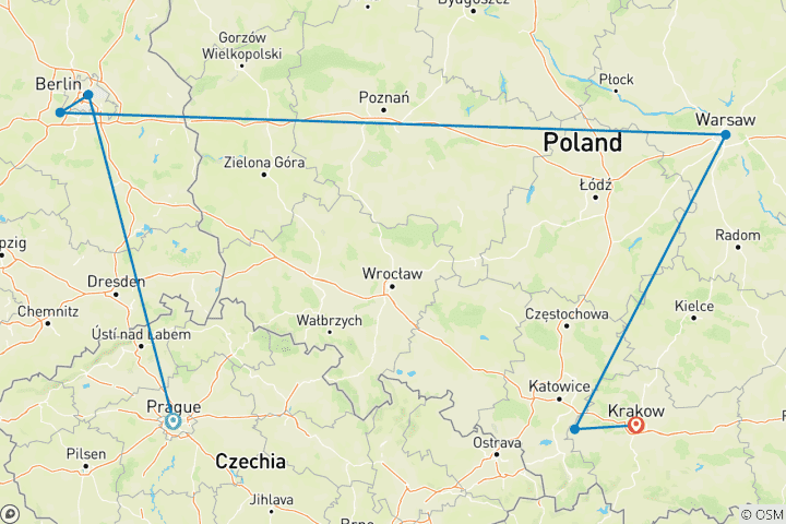 Map of Eastern Europe Prague to Krakow (2025)