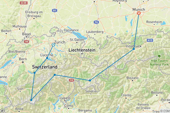 Carte du circuit Découverte des Alpes - De Zurich à Munich (2025)