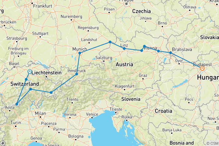 Kaart van Ontdekkingstocht door de Alpen & hoogtepunten van de Donau – van Zürich naar Boedapest – 2025