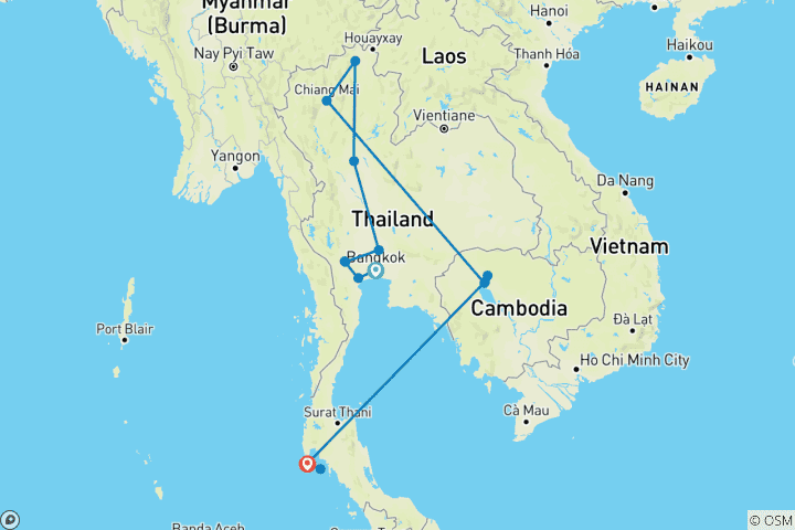 Kaart van Ontdek Thailandagen& Cambodjaanse Beschaving 16 dagen  – privé –Rondreis door