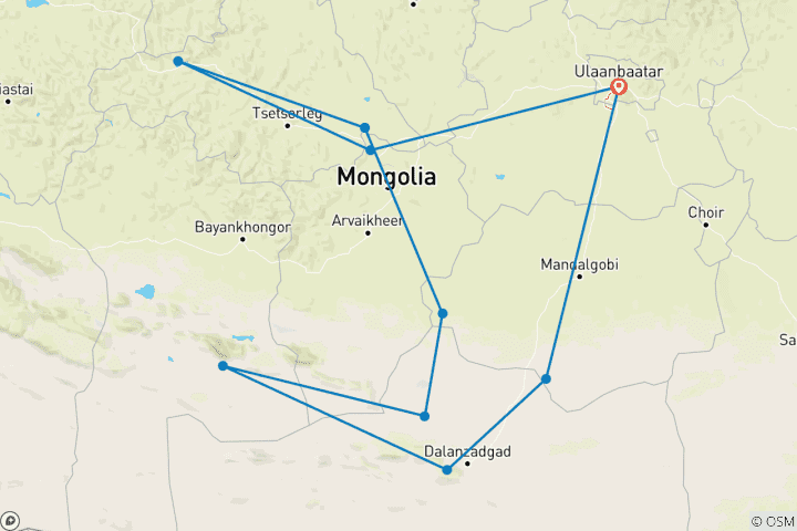 Carte du circuit Odyssée mongole : Du Gobi au cœur de la Mongolie