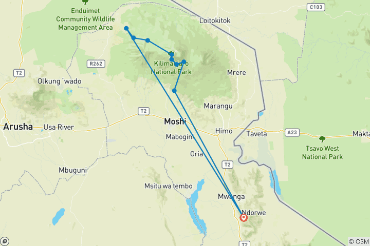 Map of Group Joining Mount Kilimanjaro Climbing through Lemosho Route 10 Days Tanzania