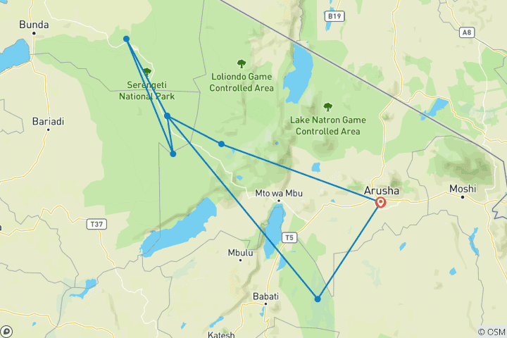 Karte von Entdecken Sie das Beste der besten 5 Tage Tansania Safari - ab Arusha