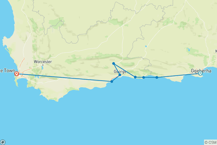 Map of 8 Day | Garden Route Adventures Coast to Coast