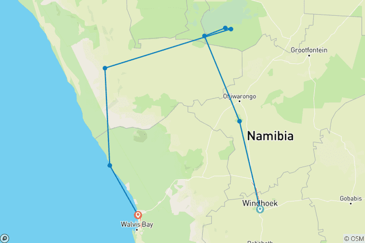 Map of 6 Day Etosha, Himba & Skeleton Coast Camping Safari * DEPARTING SATURDAYS