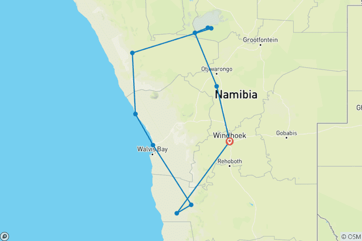 Map of 9 Day Etosha, Skeleton Coast and Sossusvlei  Camping & Lodge Safari * DEPARTING SATURDAYS