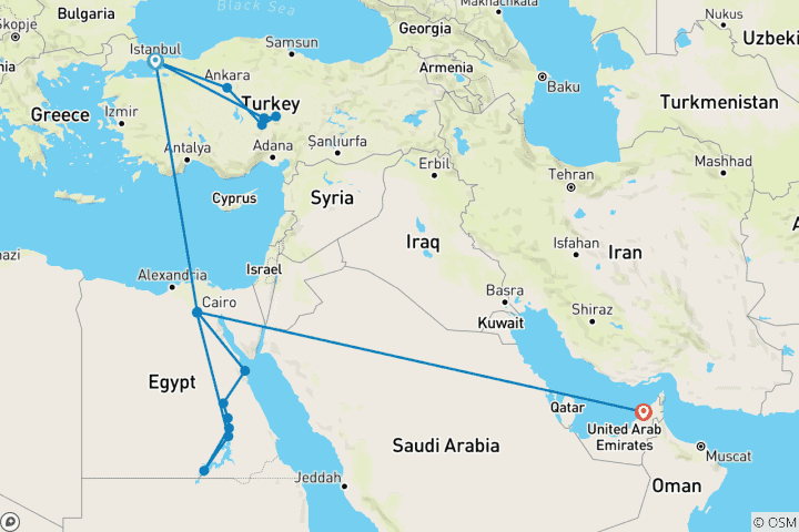 Map of Turkey Egypt Dubai luxury voyage (  flights included/small group)