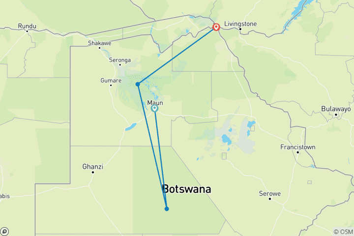 Map of Central Kalahari Game Reserve and Okavango Delta Exploration 7 Days /6Nights