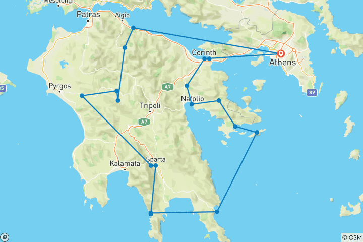 Carte du circuit Circuit privé de 6 jours dans le mythique Péloponnèse : Corinthe, Mycènes, Nauplie, l'île d'Hydra, Monemvasia, Mani, Sparte, Mystras, Olympie, Arcadie