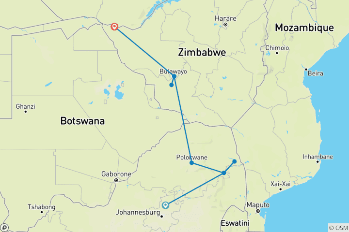 Map of Kruger to Victoria Falls - 9 Days