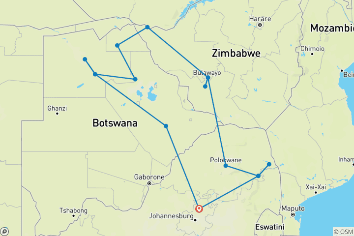 Map of Kruger, Delta, Chobe & Falls - 14 days