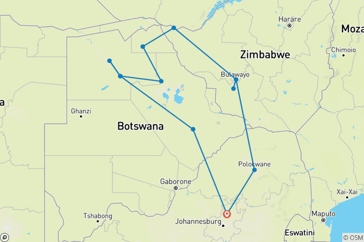 Map of Delta, Chobe & Falls - 12 Days