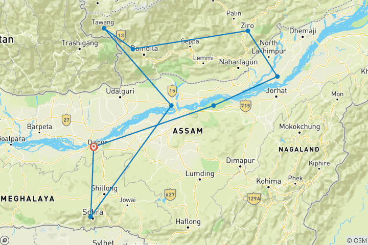 Carte du circuit Aventure en voiture dans le nord-est de l'Inde : Kaziranga, Majuli et Ziro - Circuit en groupe