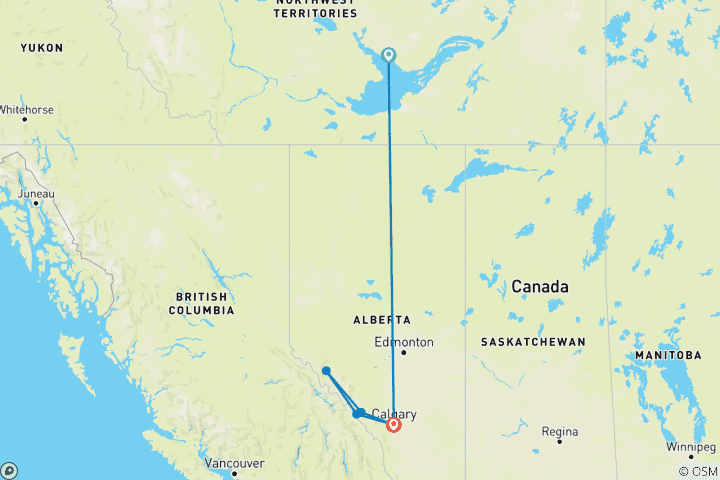 Mapa de Excursión de 8 días Yellowknife aurora boreal y otoño en las Rocosas | Explora la aurora y los parques nacionales