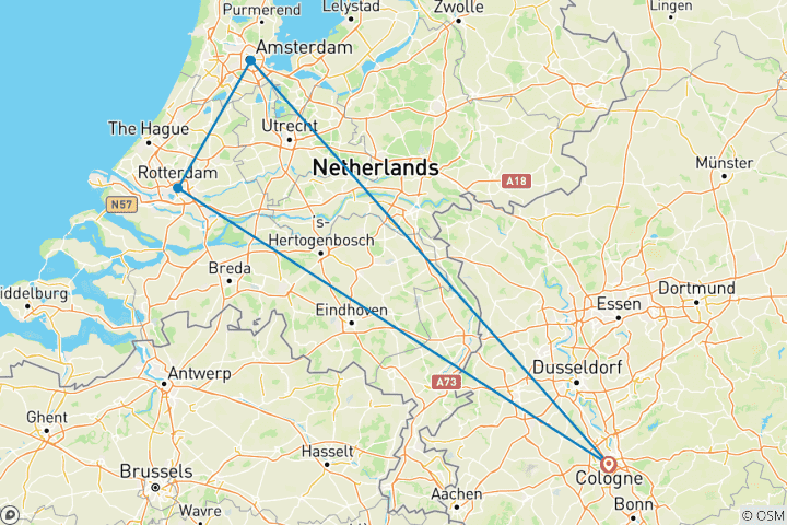 Karte von Rhein Kurz-Kreuzfahrt Niederlande 2024 (12 Destinationen)