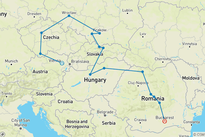 Carte du circuit Voyage en Europe centrale et en Roumanie (15 destinations)