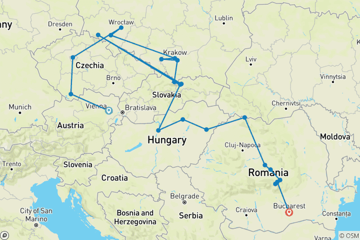 Map of Journey through Central Europe & Romania (from Vienna to Bucharest)