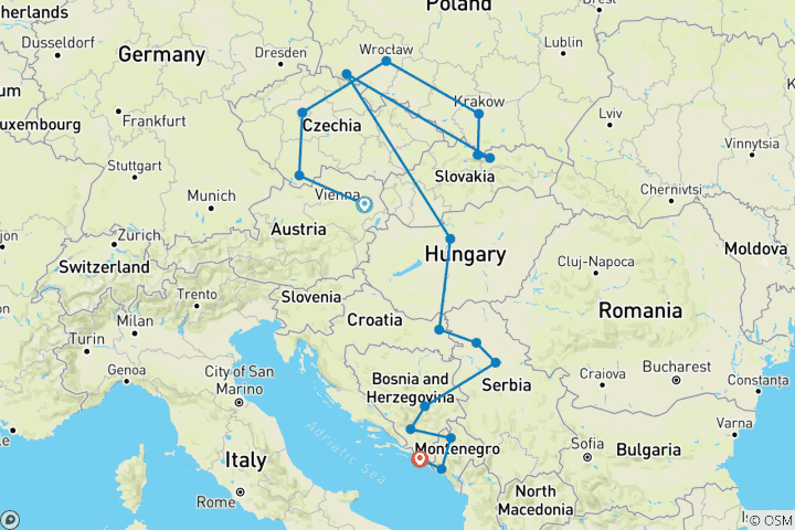 Map of Vienna to Dubrovnik (17 destinations)