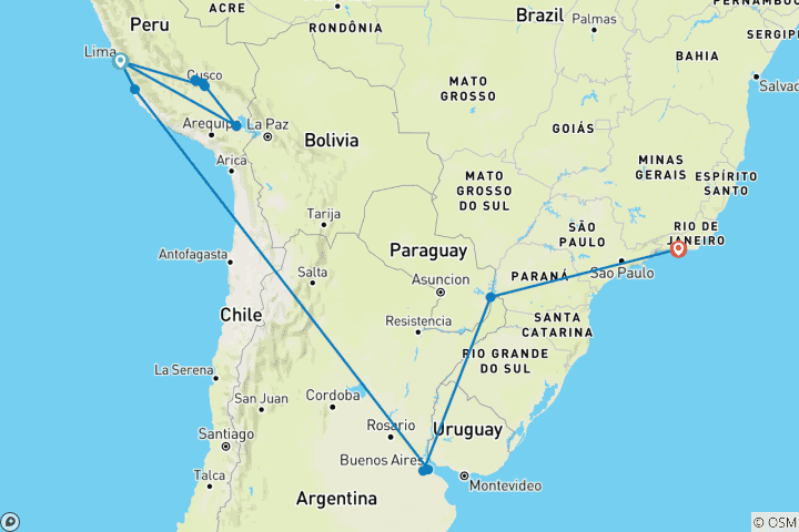 Carte du circuit Explorer le Pérou, l'Argentine et le Brésil (12 destinations)