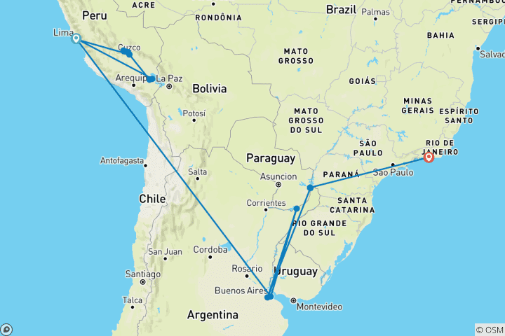 Map of Explore Peru, Argentina & Brazil