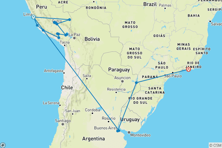 Map of Ultimate Peru, Argentina & Brazil (44 destinations)