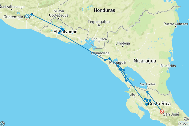 Map of Central American Journey (38 destinations)