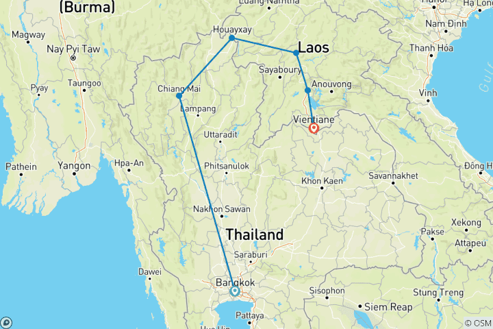 Kaart van Avontuurlijke reis door Thailand & Laos (6 bestemmingen)