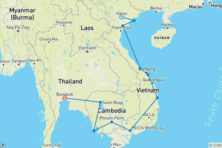 Kaart van Epische reis van Vietnam naar Cambodja (11 bestemmingen)
