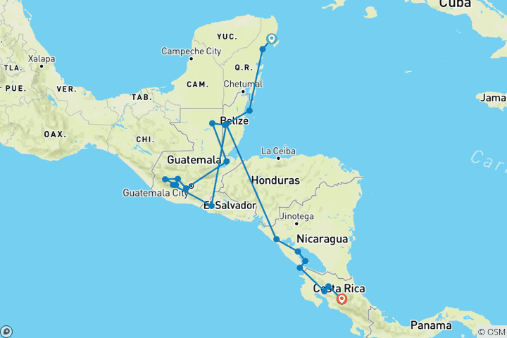 Karte von Atemberaubendes Mexiko bis nach Costa Rica (20 Destinationen)