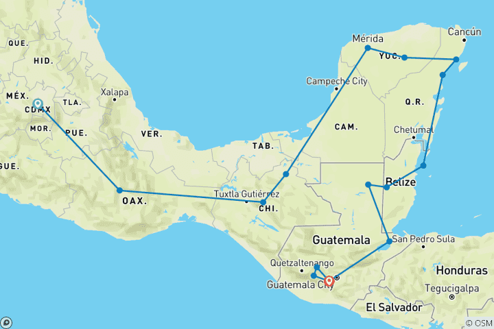 Karte von Atemberaubendes Mexiko, Belize & Guatemala
