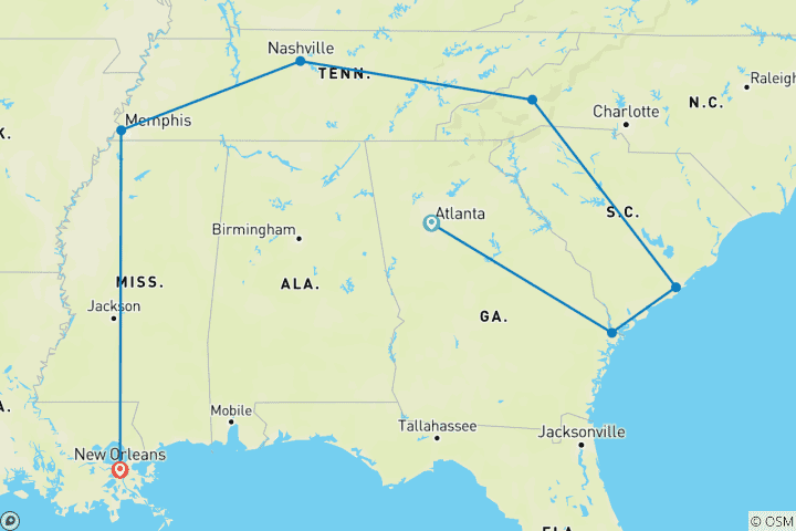 Carte du circuit Le meilleur du Sud : D'Atlanta à la Nouvelle-Orléans