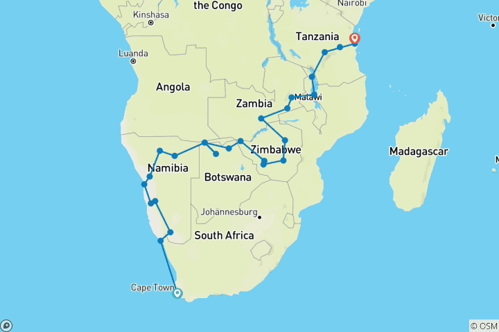 Map of Cape Town to Zanzibar (28 destinations)