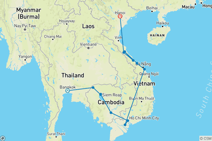 Kaart van Reis van Cambodja naar Vietnam (13 bestemmingen)