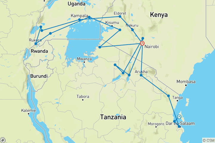 Map of Beaches, Game Parks & Gorillas (21 destinations)