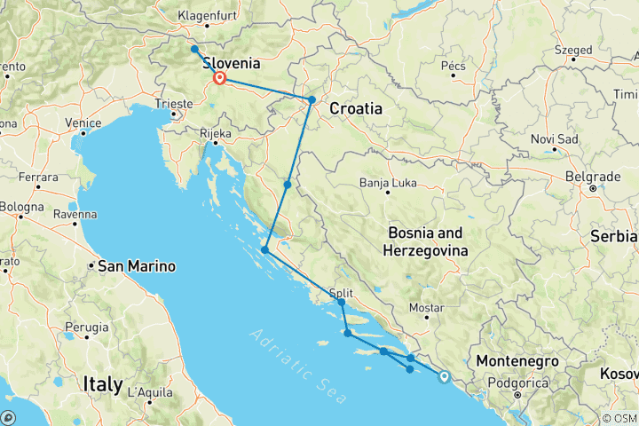 Kaart van Dubrovnik naar Ljubljana