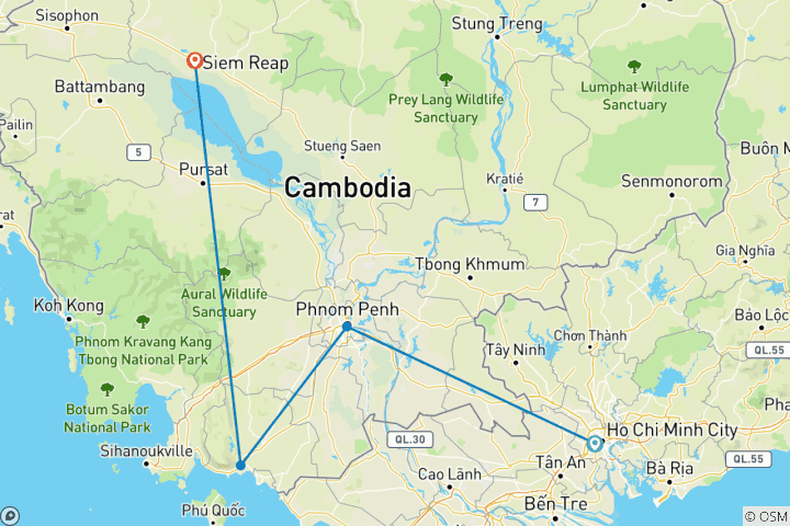 Kaart van Verken Cambodia (van Ho Chi Minh Stad naar Siem Reap)