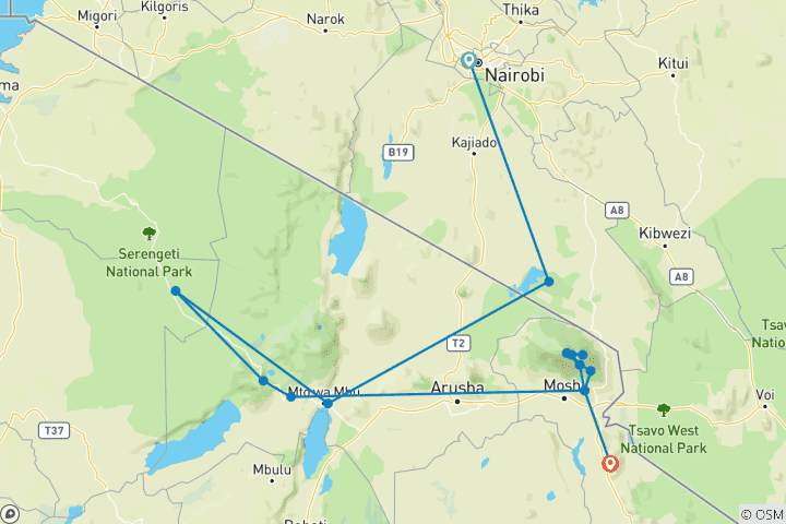 Map of Serengeti & Kilimanjaro (from Nairobi to Kilimanjaro)