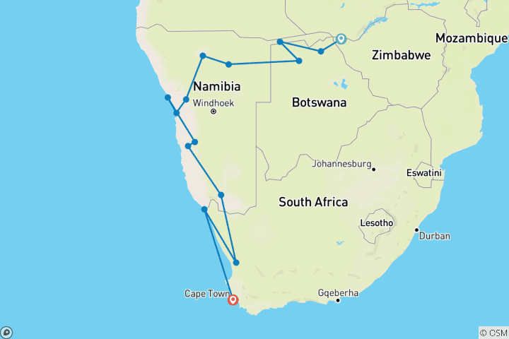 Map of Vic Falls to Cape Town (including Cape Cross)