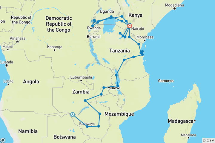 Map of Vic Falls to Gorillas (31 destinations)