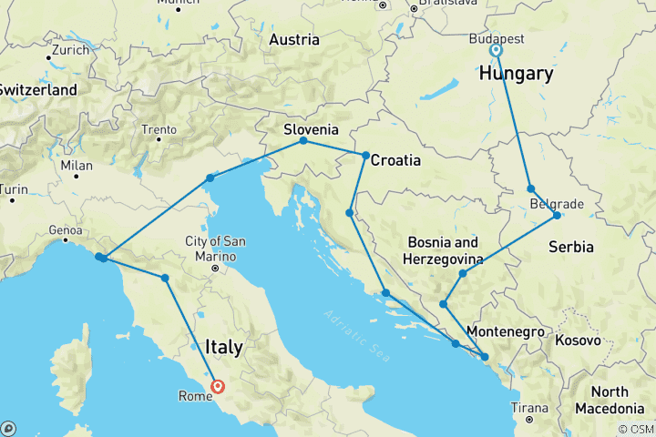 Mapa de De Budapest a Roma (including Novi Sad)