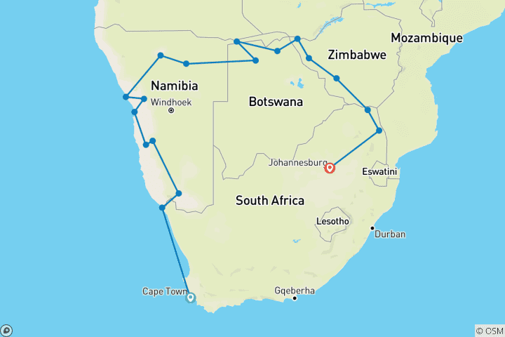 Map of Southern Africa Adventure (20 destinations)