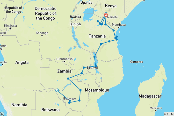 Map of Vic Falls to Kenya (22 destinations)