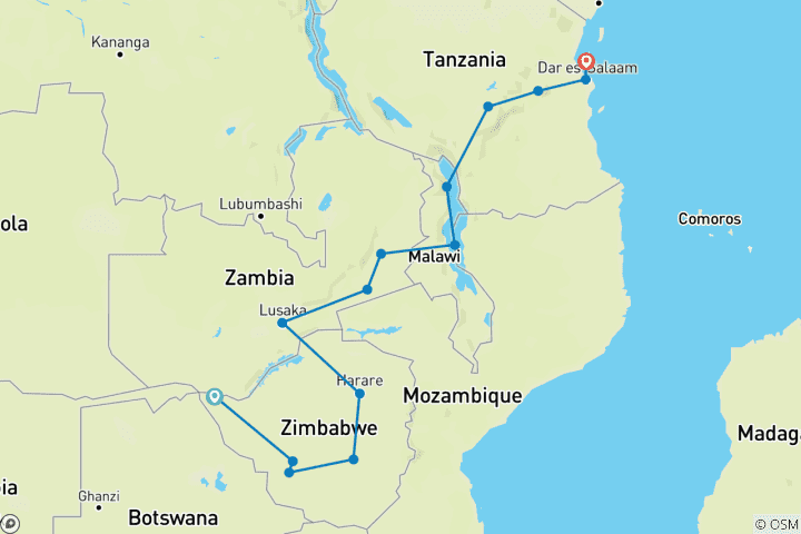 Map of Vic Falls to Zanzibar (14 destinations)