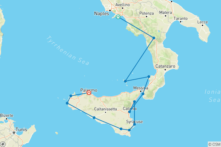 Map of Highlights of Calabria & Sicily (including Aeolian Islands)