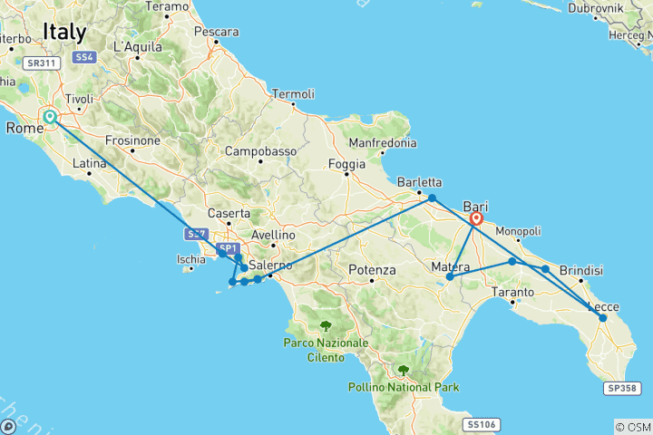Carte du circuit De Rome à l'Italie du Sud