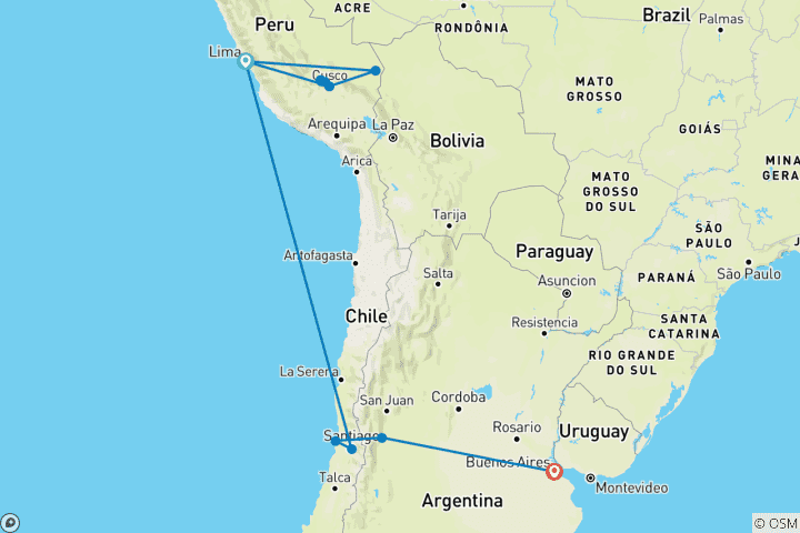 Map of Premium Peru, Chile & Argentina (14 destinations)